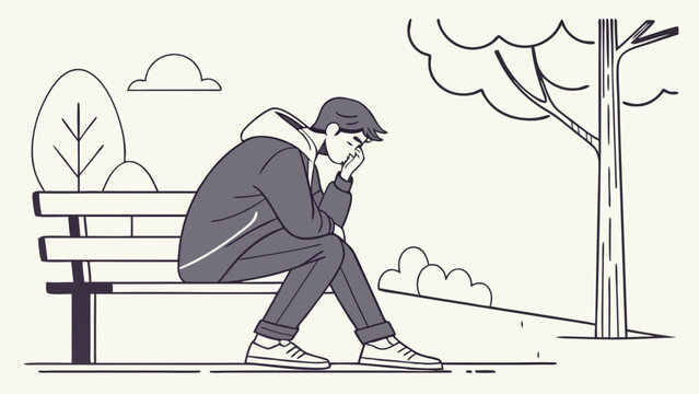 A man sitting alone on a park bench looking sad and contemplative.