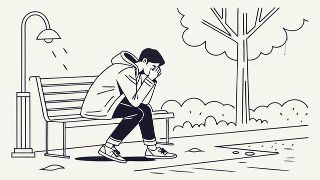 a man sitting on a bench looking sad.
