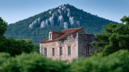 Fototapeta premium Ancient stone house with tiled roof nestled amidst lush green trees and a rocky mountain peak