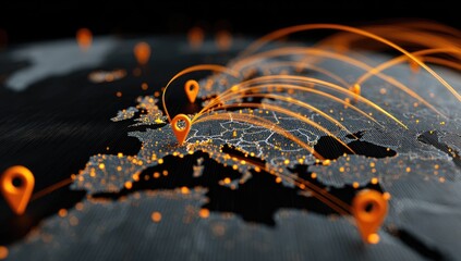Illuminated map with orange location markers and connected lines across continents