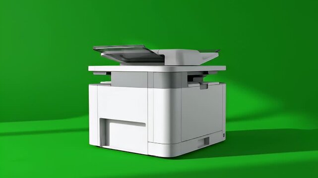 White office printer on green background for copying and document scanning