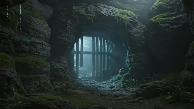 Mysterious cave entrance illuminated by soft light, showcasing lush greenery and rocky textures