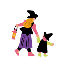 ハロウィンの仮装をする親子の手書きイラスト