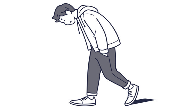 a man walking with his head down.