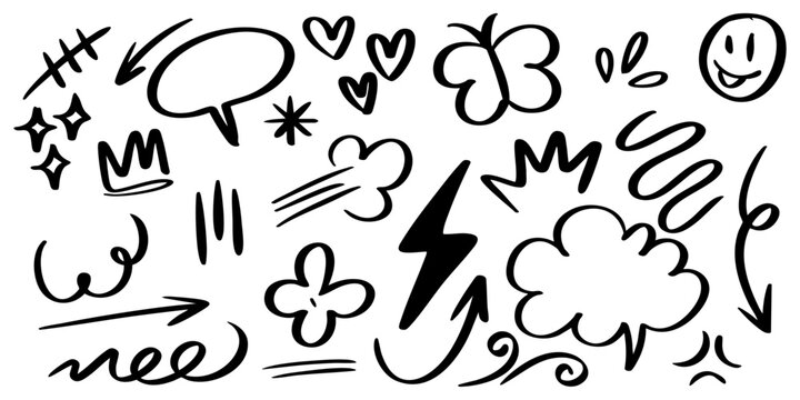 set of hand drawn doodle elements including hearts, arrows, stars, speech bubble, crown, lightning bolt, cloud, swirl lines, and decorative sketches.