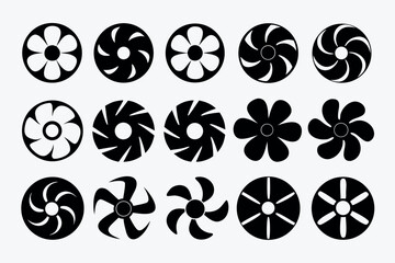 Collection of various fan and turbine blade icons in black and white © MAYENUDDIN