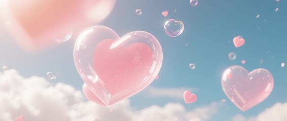 Pink heart-shaped balloons, a romantic symbol of love, drift gracefully through a blue, cloudy sky on Valentine's Day