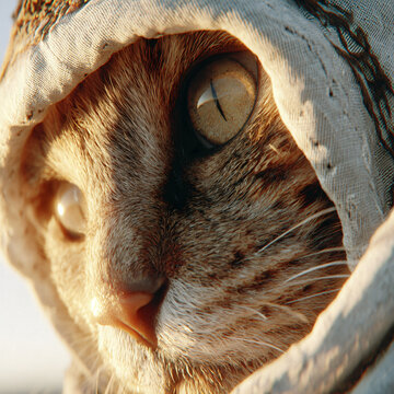 Adorable Cat Portrait Capturing Curious Feline Big Eyes Whiskers Outdoor Closeup Under Sunlight Showing Domestic Mammal's Playful Nature Mystical 