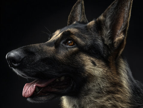 Photography German Shepherd Dog Portrait Head Profile Loyal Active Obedient Friendly Pet Canine Black Brown Fur Alert Intelligent Happy Curious Ears Muzzle Purebred Vibrant Powerful Companion