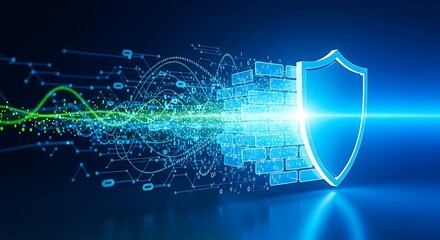 Abstract firewall barrier with glowing shield icon and data streams, sharp focus and studio lighting.