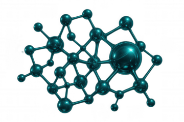 Intricate network of teal molecules connected, creating a complex structure on a transparent background, ideal for scientific or medical visualizations