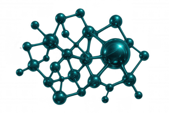 Intricate network of teal molecules connected, creating a complex structure on a transparent background, ideal for scientific or medical visualizations