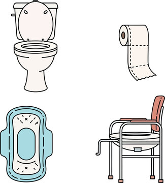 Toilet, toilet paper, sanitary napkin, and a bedside commode, outlined illustrations.
