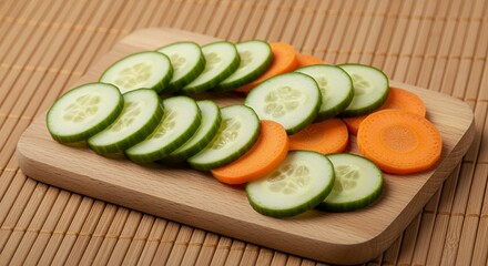 Freshly Sliced Cucumbers and Carrots on Wooden Board