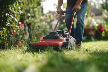 Ground-Level View of a Red Lawnmower Trimming a Lush, Sunlit Lawn in a Summer Garden