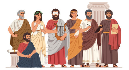 Group of ancient Greek figures in classical attire, representing various professions and arts.