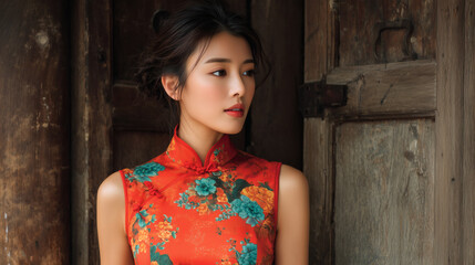 Fototapeta premium A striking portrait of a woman in her 20s, wearing a vibrant modern Qipao, standing in front of a simple, textured traditional Chinese wooden door. 