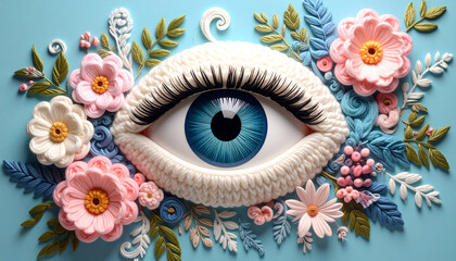 Knitted Eye Adorned with Delicate Floral Sculptures.