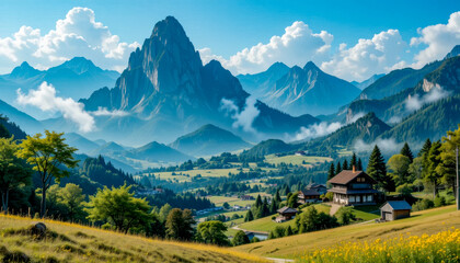 Fototapeta premium A stunning mountain landscape featuring lush greenery, a bright sky, and houses.