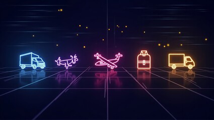 Neon Delivery Icons Truck Plane Bag Drone Dark Grid Background