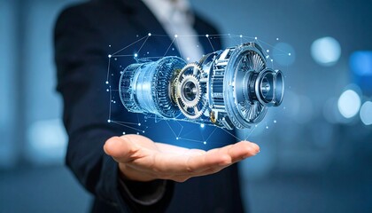 The cross-section of an aircraft engine and its rotating gears floating above your hand, giving the impression of advanced manufacturing.