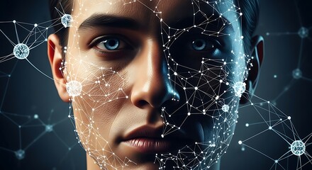 Portrait of human face with neural network overlay, dramatic studio lighting and sharp focus, AI concept