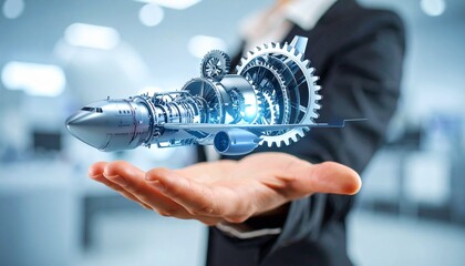 The cross-section of an aircraft engine and its rotating gears floating above your hand, giving the impression of advanced manufacturing.