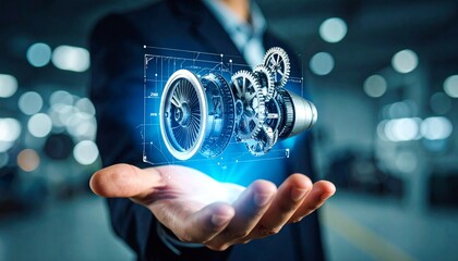 The cross-section of an aircraft engine and its rotating gears floating above your hand, giving the impression of advanced manufacturing.
