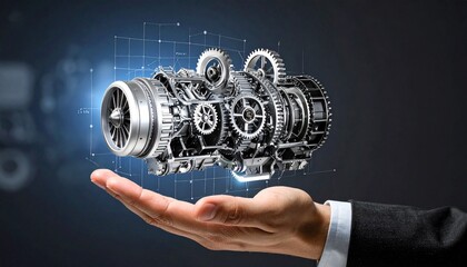 The cross-section of an aircraft engine and its rotating gears floating above your hand, giving the impression of advanced manufacturing.
