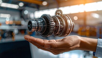 The cross-section of an aircraft engine and its rotating gears floating above your hand, giving the impression of advanced manufacturing.