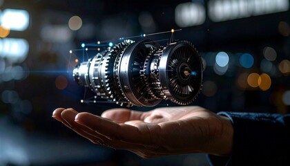 The cross-section of an aircraft engine and its rotating gears floating above your hand, giving the impression of advanced manufacturing.
