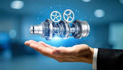 The cross-section of an aircraft engine and its rotating gears floating above your hand, giving the impression of advanced manufacturing.