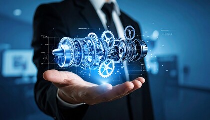 The cross-section of an aircraft engine and its rotating gears floating above your hand, giving the impression of advanced manufacturing.