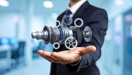 The cross-section of an aircraft engine and its rotating gears floating above your hand, giving the impression of advanced manufacturing.