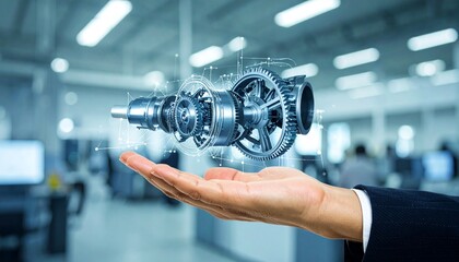 The cross-section of an aircraft engine and its rotating gears floating above your hand, giving the impression of advanced manufacturing.
