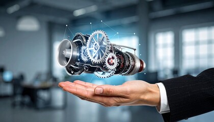 The cross-section of an aircraft engine and its rotating gears floating above your hand, giving the impression of advanced manufacturing.