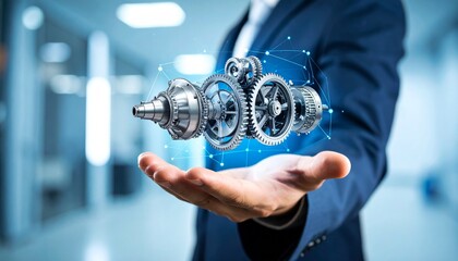 The cross-section of an aircraft engine and its rotating gears floating above your hand, giving the impression of advanced manufacturing.