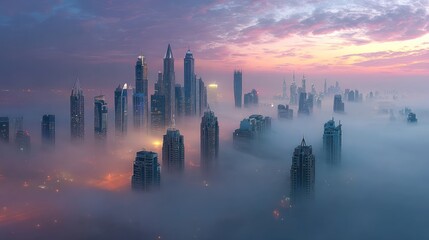 City skyline shrouded in mist at sunrise
