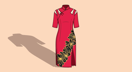 A red cheongsam dress with black and gold floral designs is displayed against a light beige background, casting a long shadow.