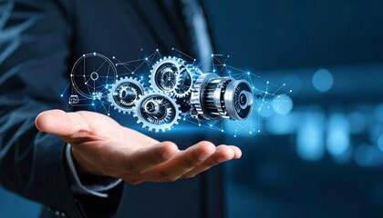 The cross-section of an aircraft engine and its rotating gears floating above your hand, giving the impression of advanced manufacturing.