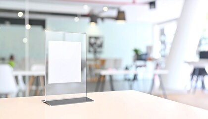 Clear acrylic sign holder on a light-wood table, modern interior background