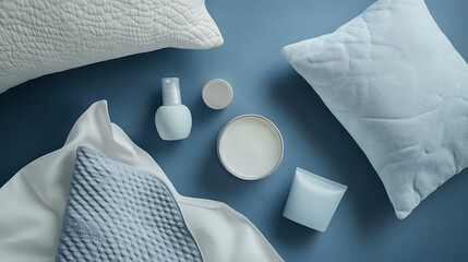 flat lay of night skincare essentials with soft lighting, pillow textures, muted blue background, calm bedtime tone.