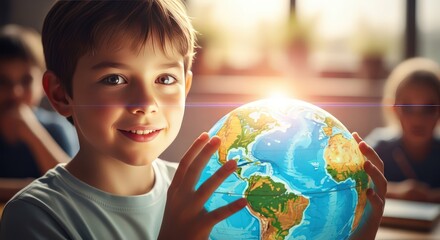 Smiling Boy Holding Globe in Classroom, Future Generation and Environmental Awareness