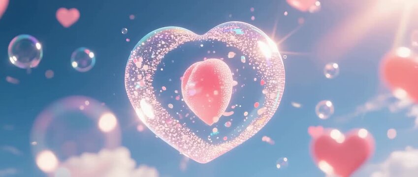Love heart symbol bubbles float into the sky with light pink and blue clouds for a romantic Valentine's Day illustration