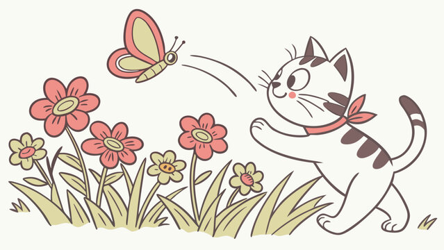A curious cat chasing a butterfly.
