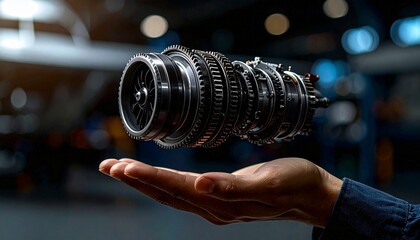 The cross-section of an aircraft engine and its rotating gears floating above your hand, giving the impression of advanced manufacturing.