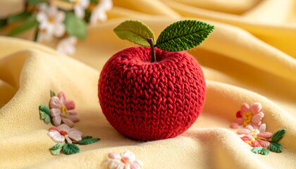 Knitted Red Apple with Green Leaves and Embroidered Flowers on Yellow Fabric.