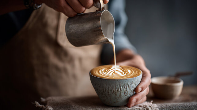 Close-up captures a barista creating latte art by pouring steamed milk into a cup of espresso.
