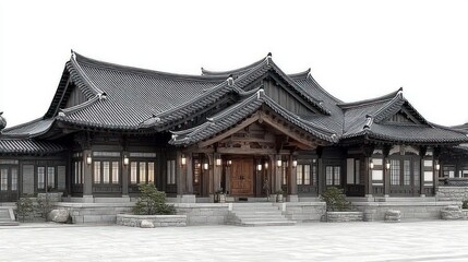 Traditional East Asian wooden building with curved tile roof and symmetrical design