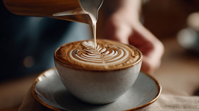 A barista carefully pours steamed milk into a cup of espresso, creating latte art patterns.